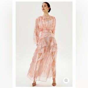 Jardinvue Puff Long Sleeve Tiered Ruffle Hem Maxi Dress Pink